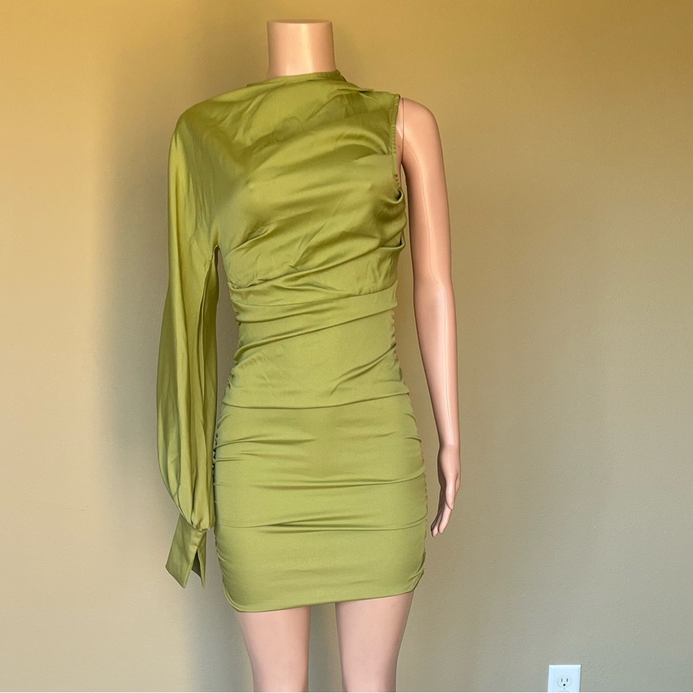 Elegant One-Shoulder Sage Dress. Size 4. NWT